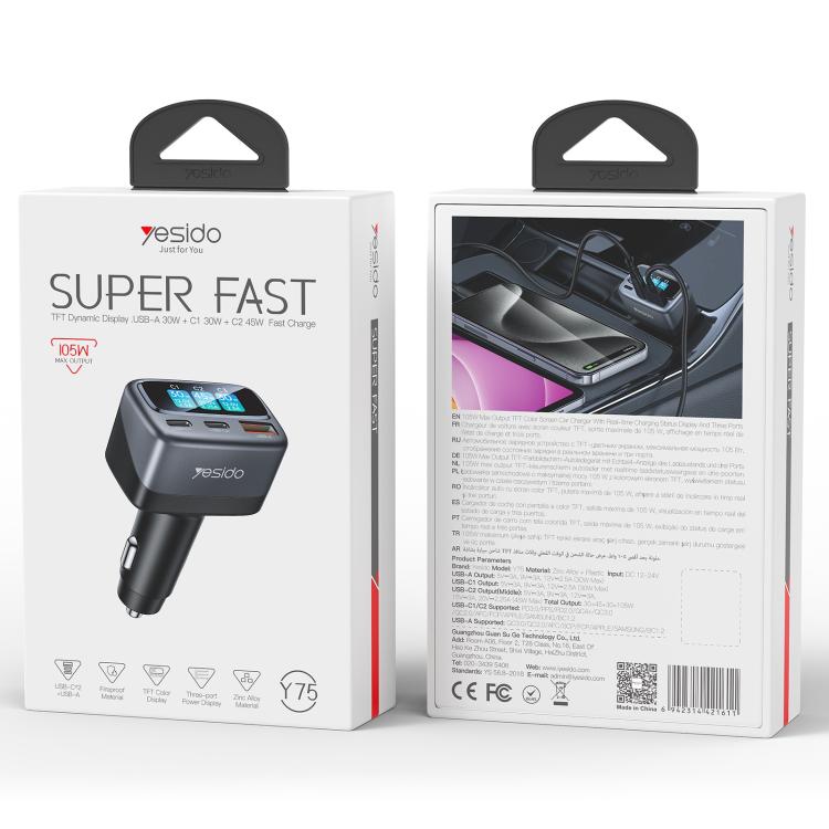 Yesido Y75 car charger retail box with TFT display and 3-port fast charging