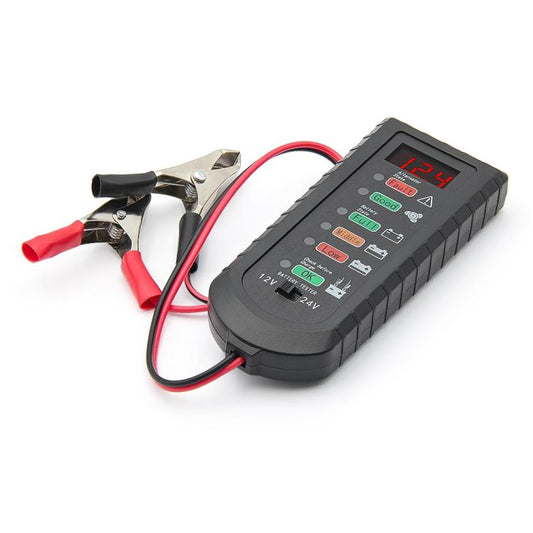 12/24V battery voltage tester with red/black clamp connectors and angled digital display