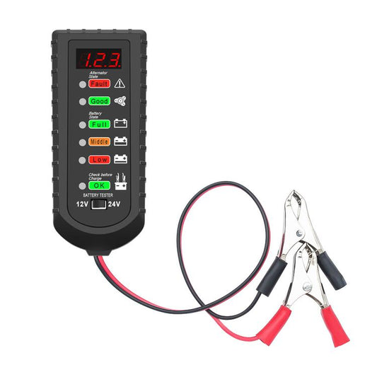 12/24V automotive battery voltage tester with digital display and red/black clamp leads