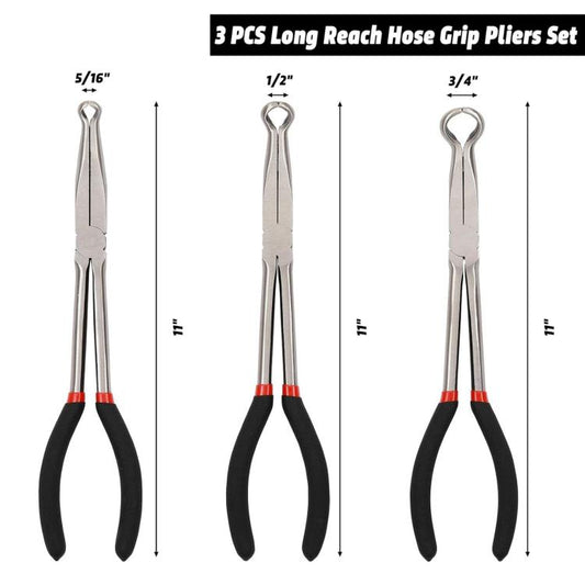 Set of three long reach hose grip pliers with pointed ends and black rubber grips