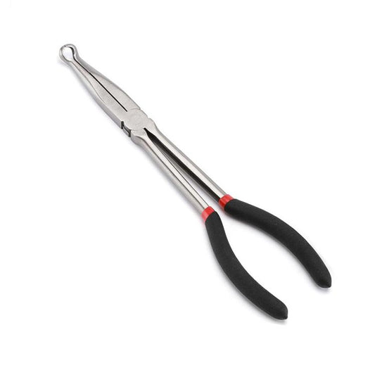 O-ring pliers with long pointed jaws and black rubber handles with red grip bands