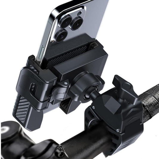 Black carbon-fiber phone holder with top clamp and adjustable cradle for secure mounting