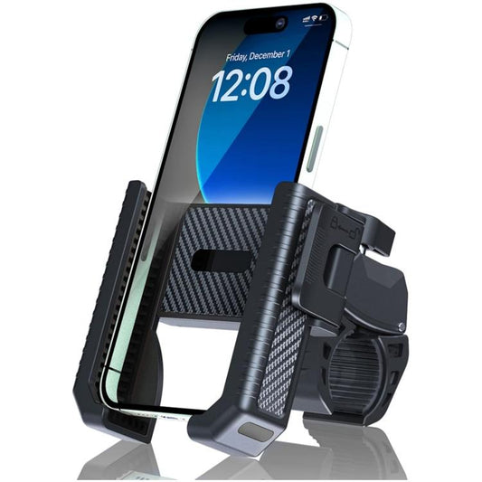 Black carbon-fiber textured phone holder with anti-slip side grips for bike or scooter