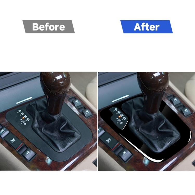 Before-and-after view of black gear shift panel sticker installed around the shifter