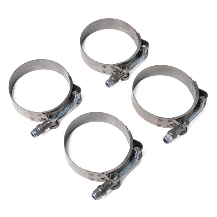 4-pack stainless steel T-bolt hose clamps, 80-88mm, four bands with bolts