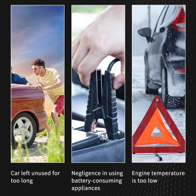 Car jump starter safety warning graphic with three panels and caution icons