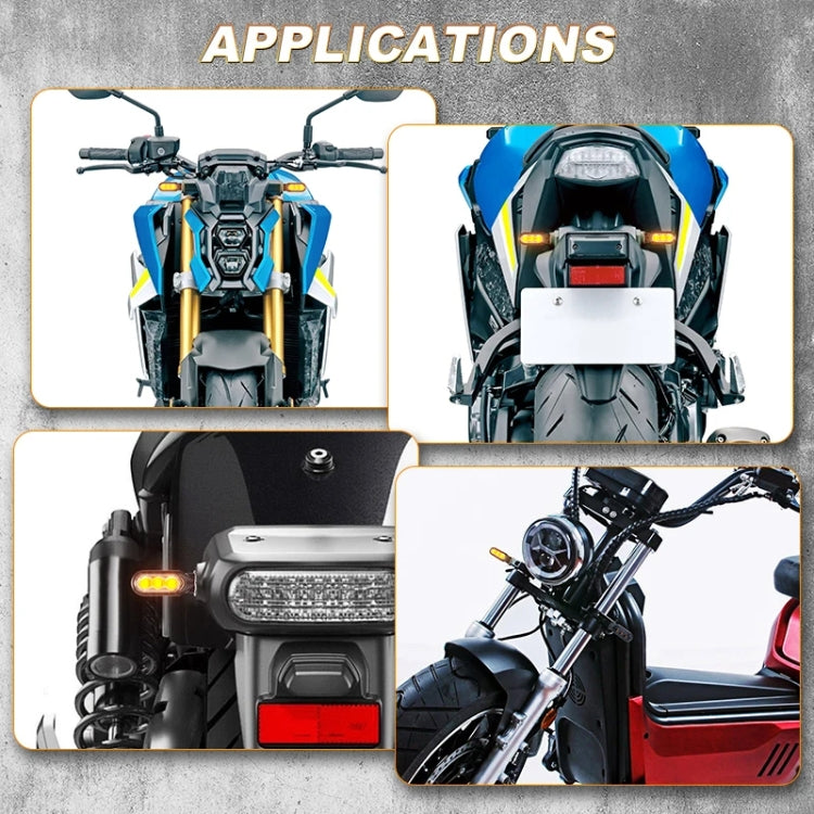 Motorcycle turn signal lights installed on multiple views, amber 3-LED glow