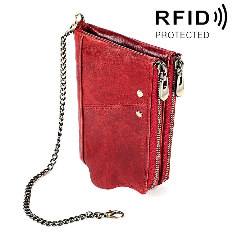 Red leather folding wallet clutch with chain strap and dual zip closures