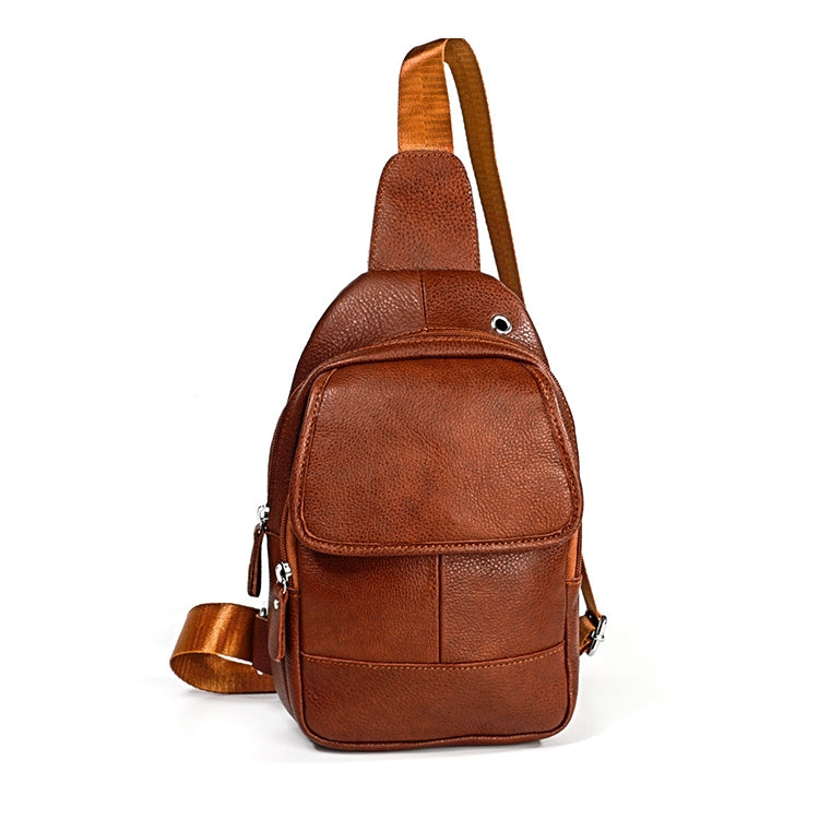 Brown textured leather one-shoulder crossbody bag, front pocket, adjustable strap
