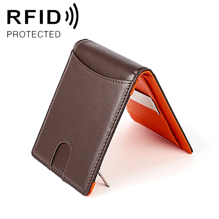 Brown cowhide leather multi-card wallet with open slots and orange lining