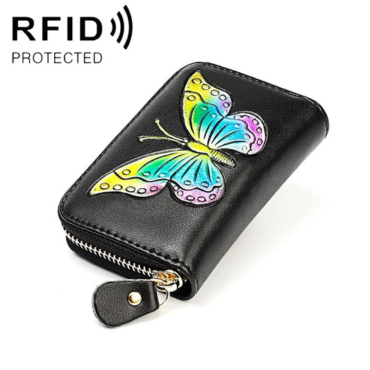 KB152 Butterfly Pattern Zipper Cowhide Leather Organ Shape Multiple Card Slots Anti-magnetic RFID Wallet for Ladies, KB152 Colour, KB152 Blue, KB152 Purple, KB152 Silver