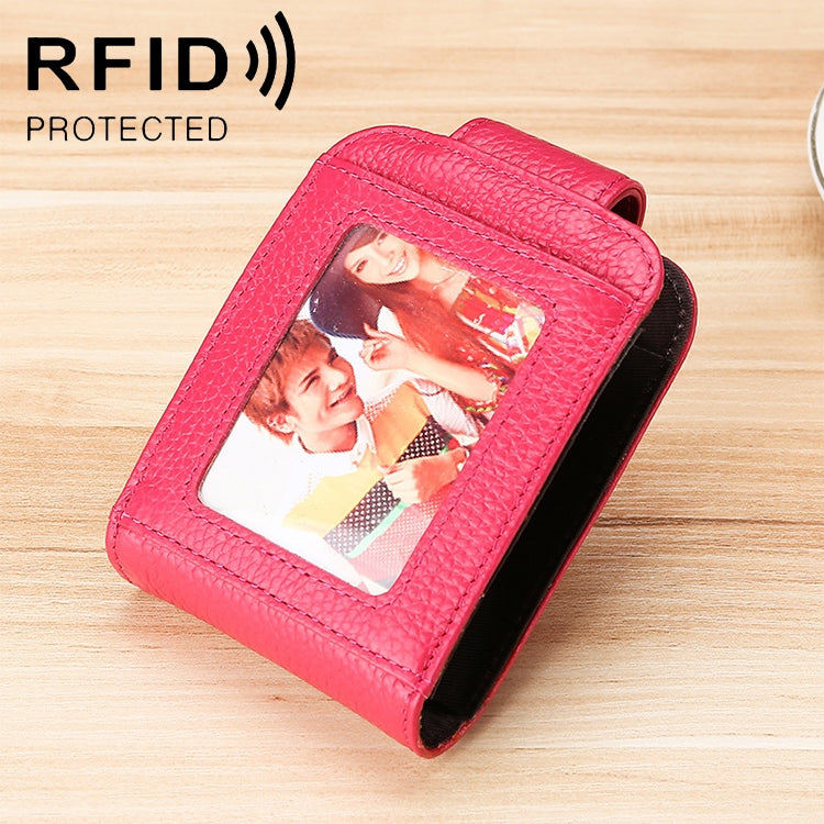 KB189 Vertical Cowhide Leather Organ Shape Multiple Card Slots Anti-magnetic RFID Wallet for Ladies, with Transparent Window, KB189 Sapphire Blue, KB189 Black, KB189 Coffee, KB189 Purple, KB189 Rose Red