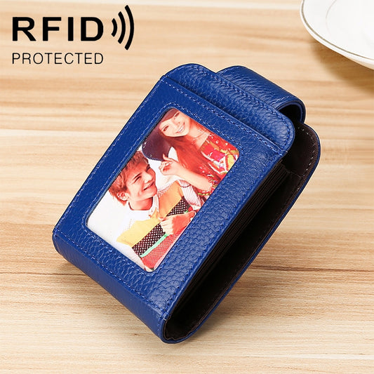 KB189 Vertical Cowhide Leather Organ Shape Multiple Card Slots Anti-magnetic RFID Wallet for Ladies, with Transparent Window, KB189 Sapphire Blue, KB189 Black, KB189 Coffee, KB189 Purple, KB189 Rose Red