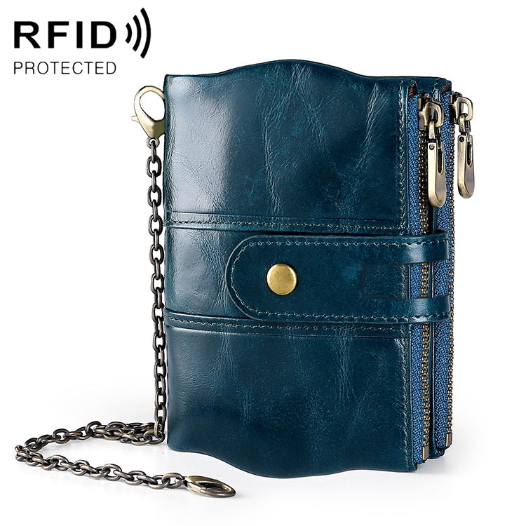 Blue leather card wallet clutch with RFID protection, zipper and chain strap