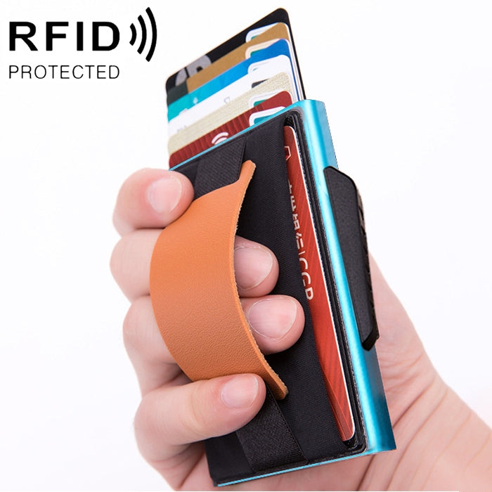 RFID card wallet, blue shell with orange elastic strap and black interior