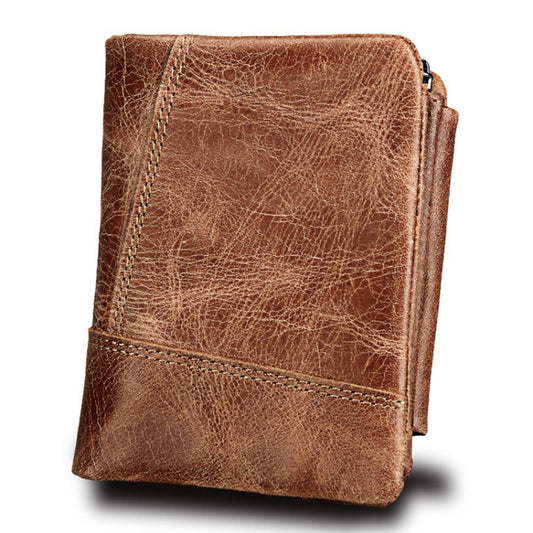 Genuine Cowhide Leather Crazy Horse Texture Zipper 3-folding Short Style Card Holder Wallet RFID Blocking Coin Purse Card Bag Protect Case for Men, Size: 12*9.5*4cm(Taupe), 3585