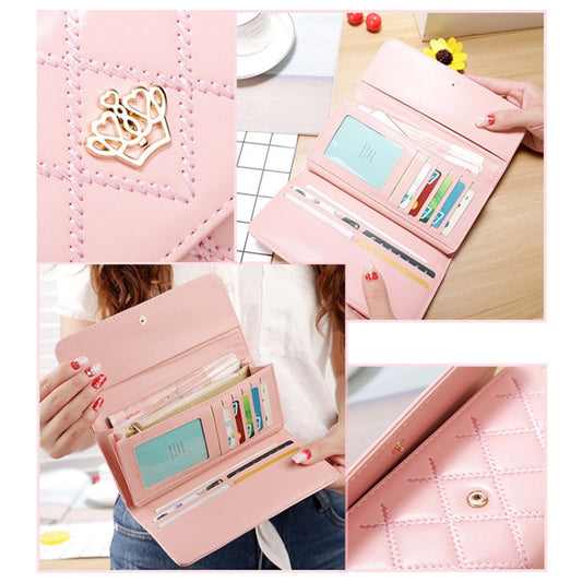 Pink long tri-fold wallet opened view with card slots and coin purse compartments