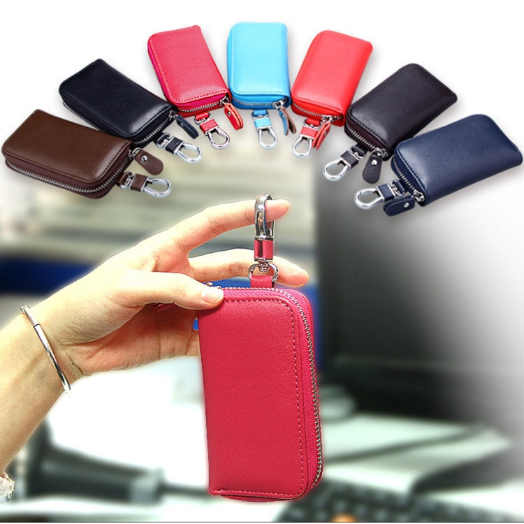 Red genuine leather zipper key bag with metal key ring and clip