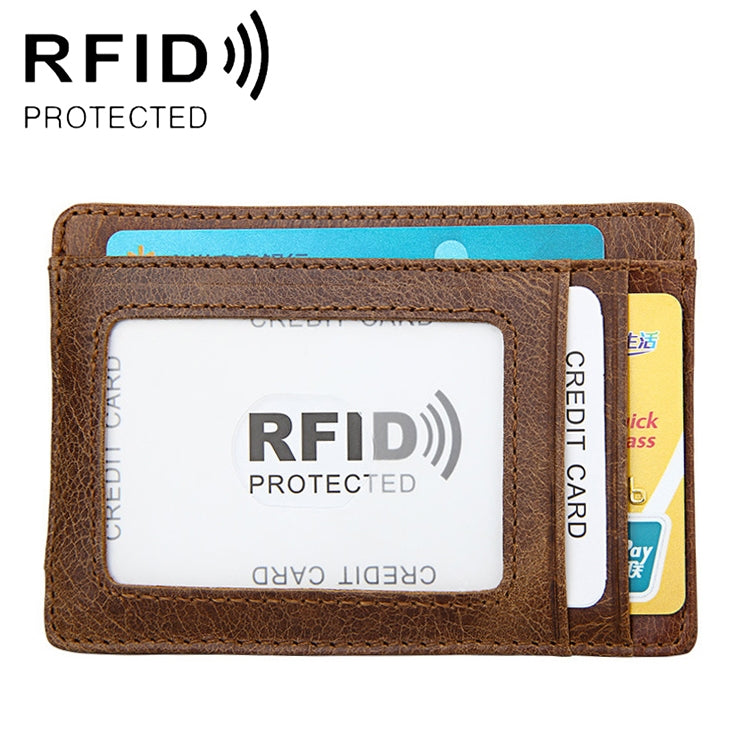 Brown crazy-horse leather RFID card holder wallet with clear credit-card window and card slots