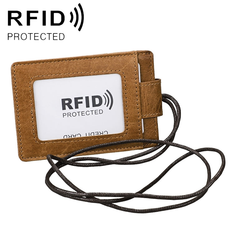 Leather RFID card holder with credit card window and brown lanyard, tan front.