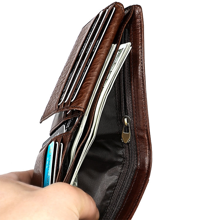 Brown textured leather wallet opened, showing stacked card slots and zipper pocket.