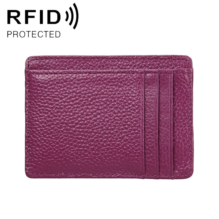 Purple maroon litchi-textured leather RFID card holder wallet with card slots