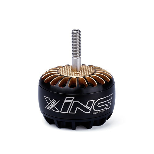 Brushless UAV motor with black housing, gold fan blades, and silver threaded shaft