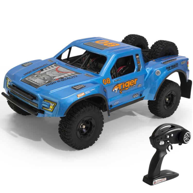 Blue RC off-road truck with handheld remote controller