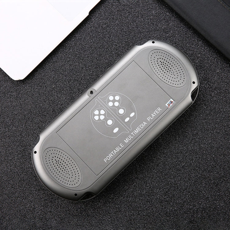 Handheld game console back with dual speaker grilles and multimedia player label