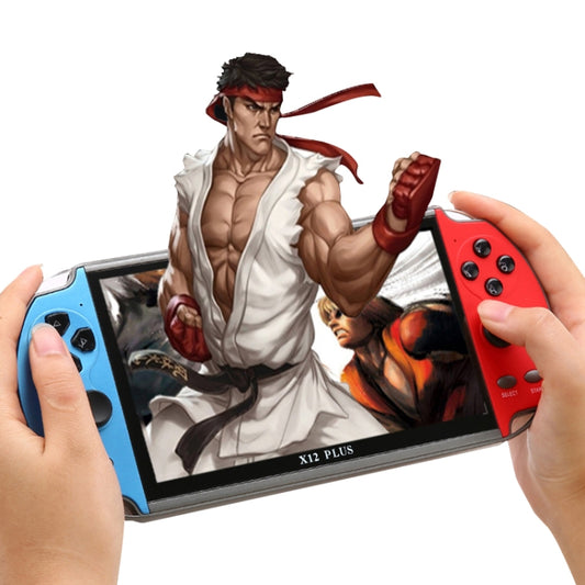 Handheld game console with blue and red controllers, 7-inch screen in use