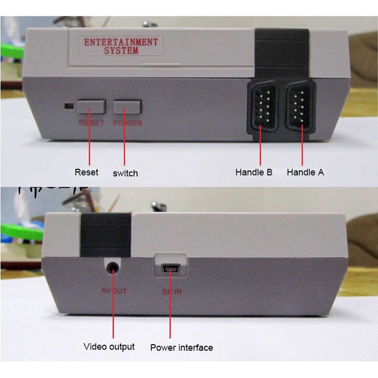 Retro mini TV game console rear panel with AV output and controller port handles