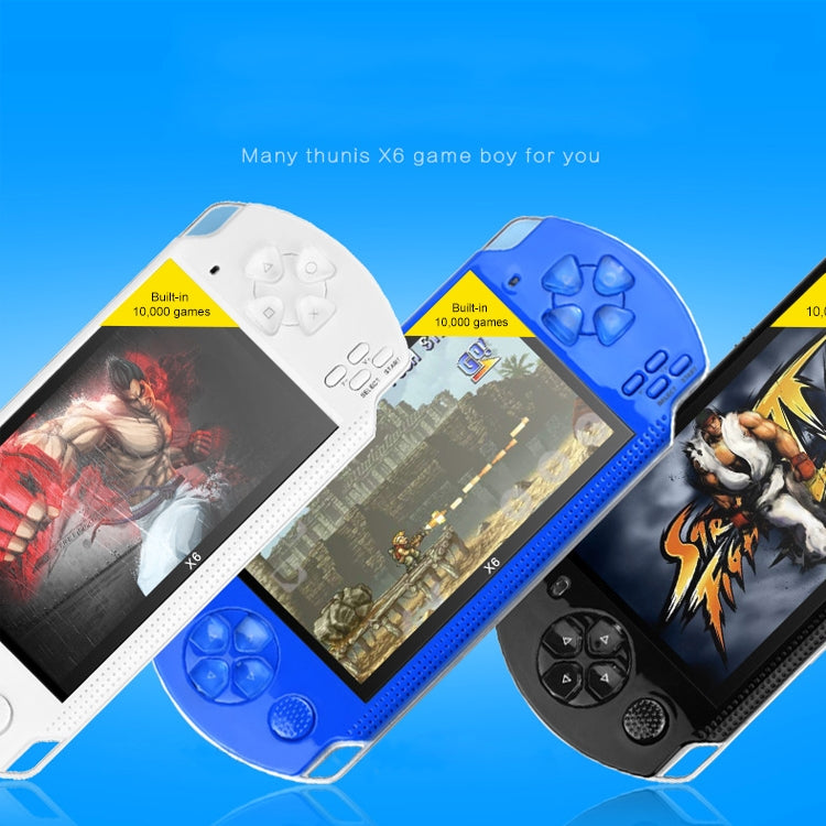 Retro handheld game console with 4.3-inch screen, blue and white units shown