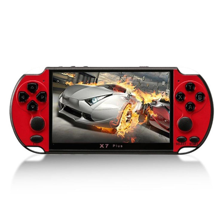 Red handheld game console with built-in screen and directional buttons
