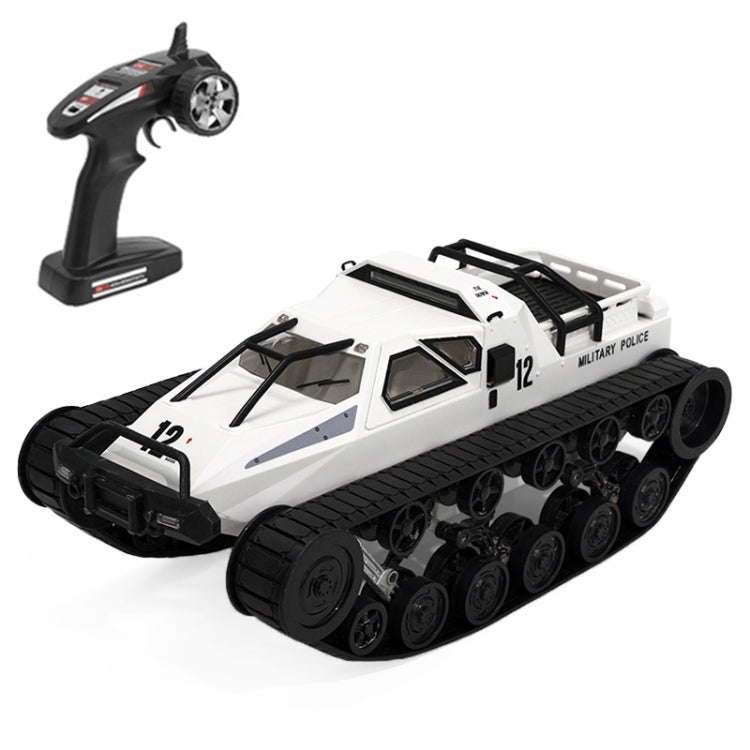 White RC military tank toy with black tracks and handheld remote controller