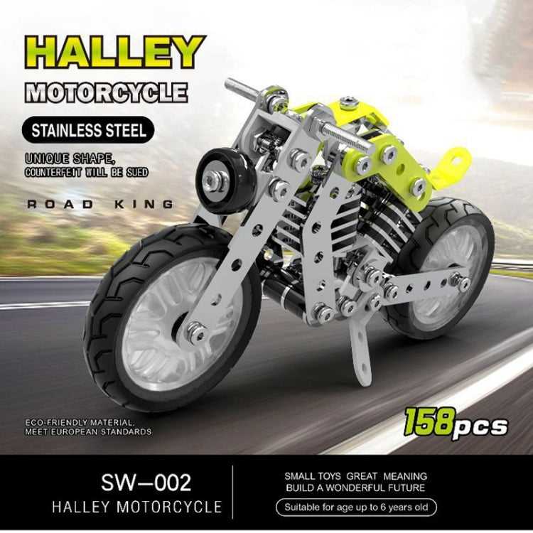 Halley motorcycle DIY building set poster with lime-and-silver metal model.