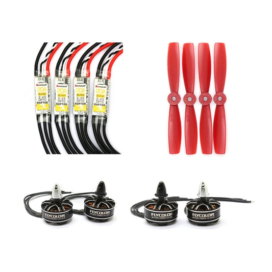 Four red propellers and four 20A speed controllers with labeled ESC boards