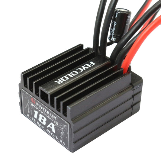 Black RC ESC with finned heat sink, top label, and red/black signal wires