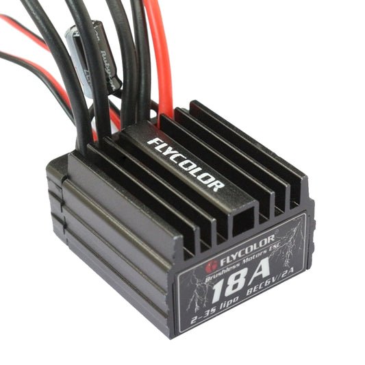 18A sensorless RC electronic speed controller with black heatsink and red/black wires