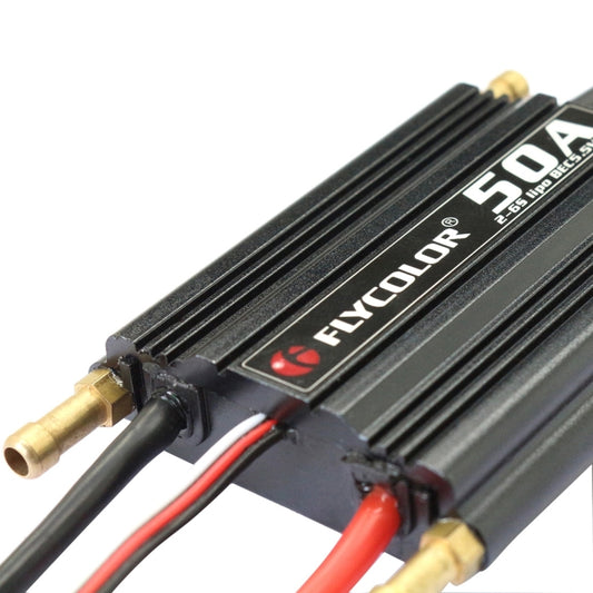 Flycolor 50A electronic speed controller close-up with FLYCOLOR logo and ribbed fins