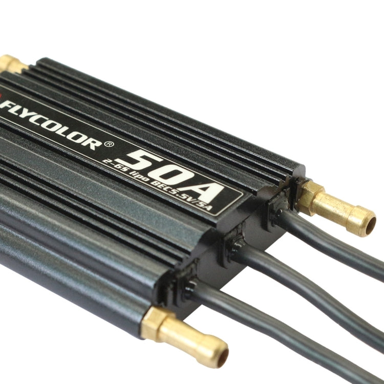 Flycolor 50A RC ESC with gold input/output plugs, red/black wires, ribbed black body