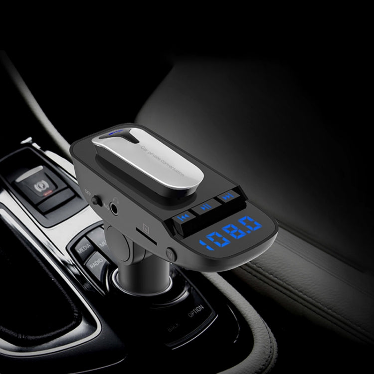 Black Bluetooth car headset dock with LED display mounted in vehicle console