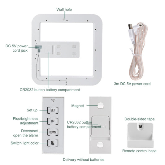 TS-S28-W Multifunctional Square RGB Thermometer Digital Alarm Clock LED Mirror Hollow Wall Clock, RGB Thermometer Clock