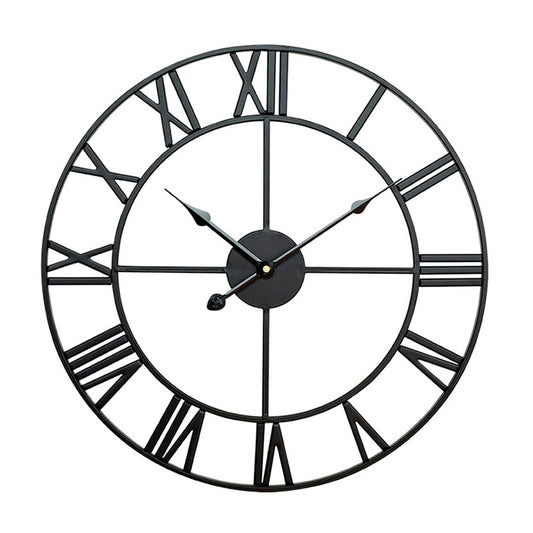 Black iron round wall clock with Roman numeral markers and three dark hands