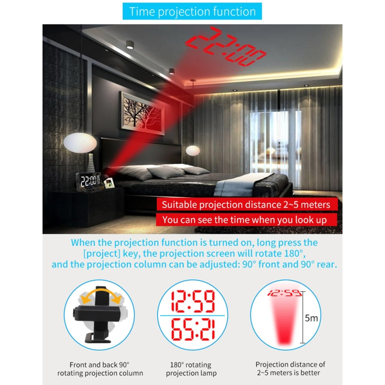 Digital projection alarm clock projecting time display in dark room