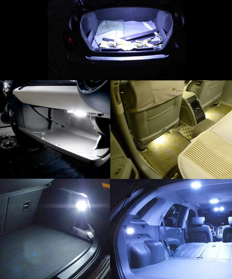 White LED reading lights on in a car cabin, multiple angles