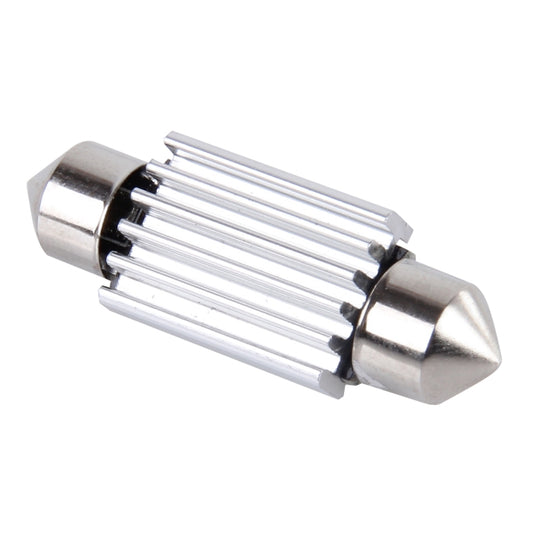 Silver LED festoon bulb showing metal heat-sink fins and two mounting caps