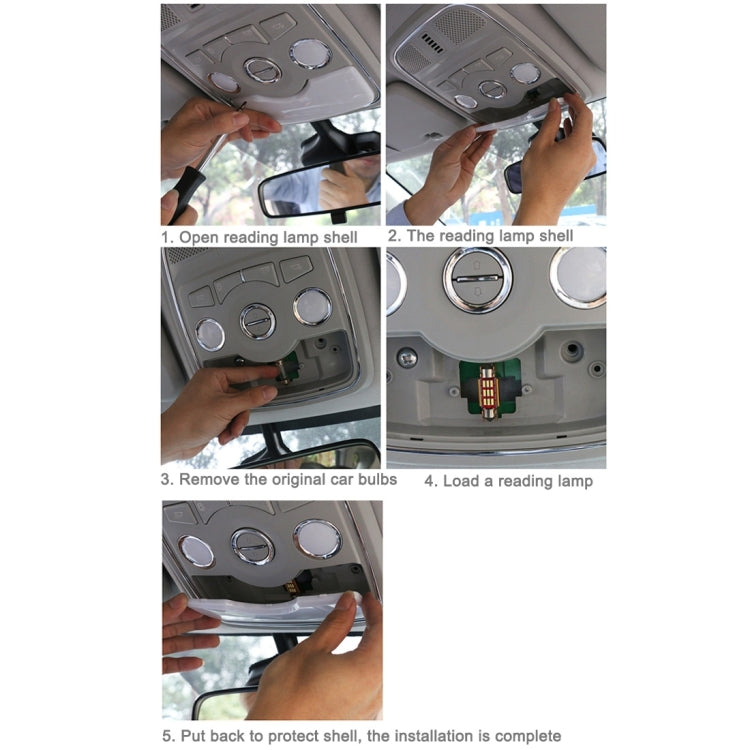 Hands installing a festoon LED reading bulb into the ceiling light housing