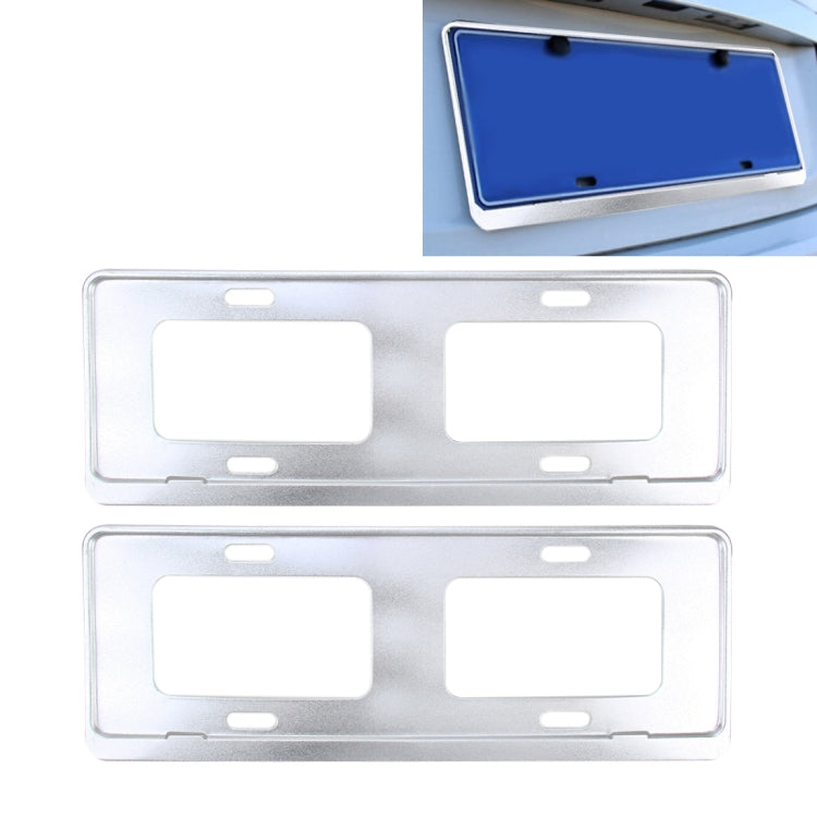 Set of 2 car license plate frames in silver with mounting holes and cutouts
