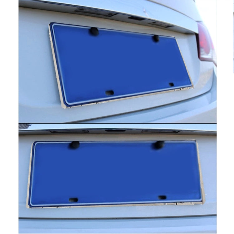 Stainless steel license plate bracket on vehicle, holding a license plate