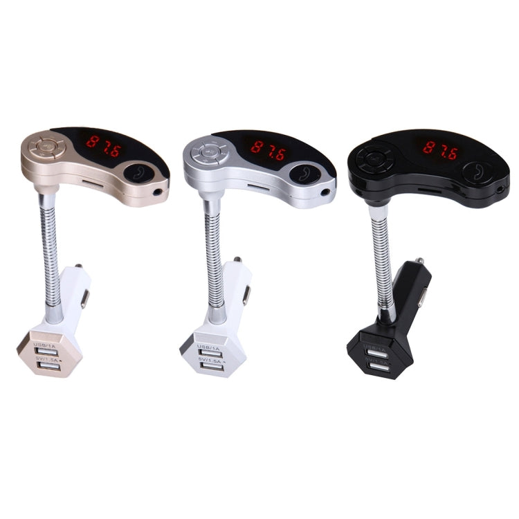 Car Bluetooth FM transmitter in black, silver, and gold colors with red LCD displays.